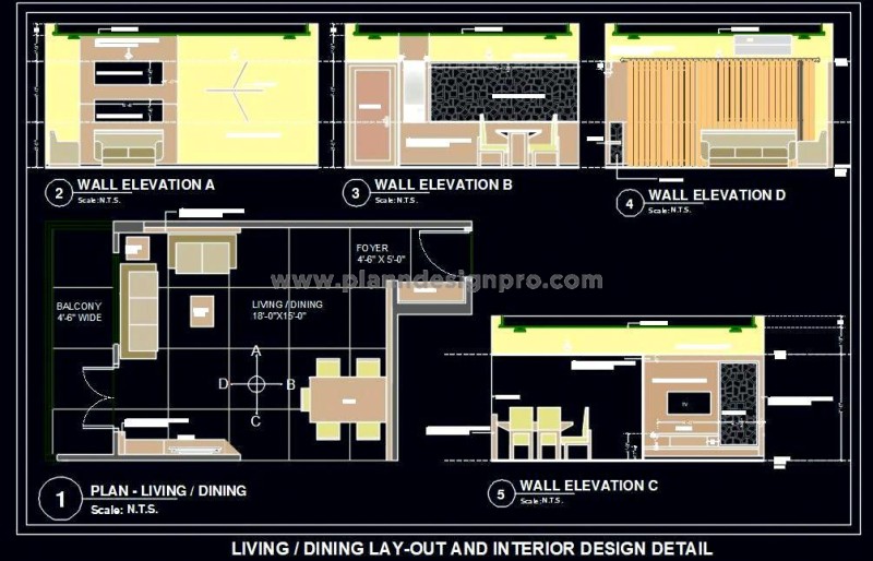 18'x15' Living Room AutoCAD Interior Design with Wall Elevations